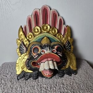 Handcrafted Balinese Mask with Gold and Red Accents
